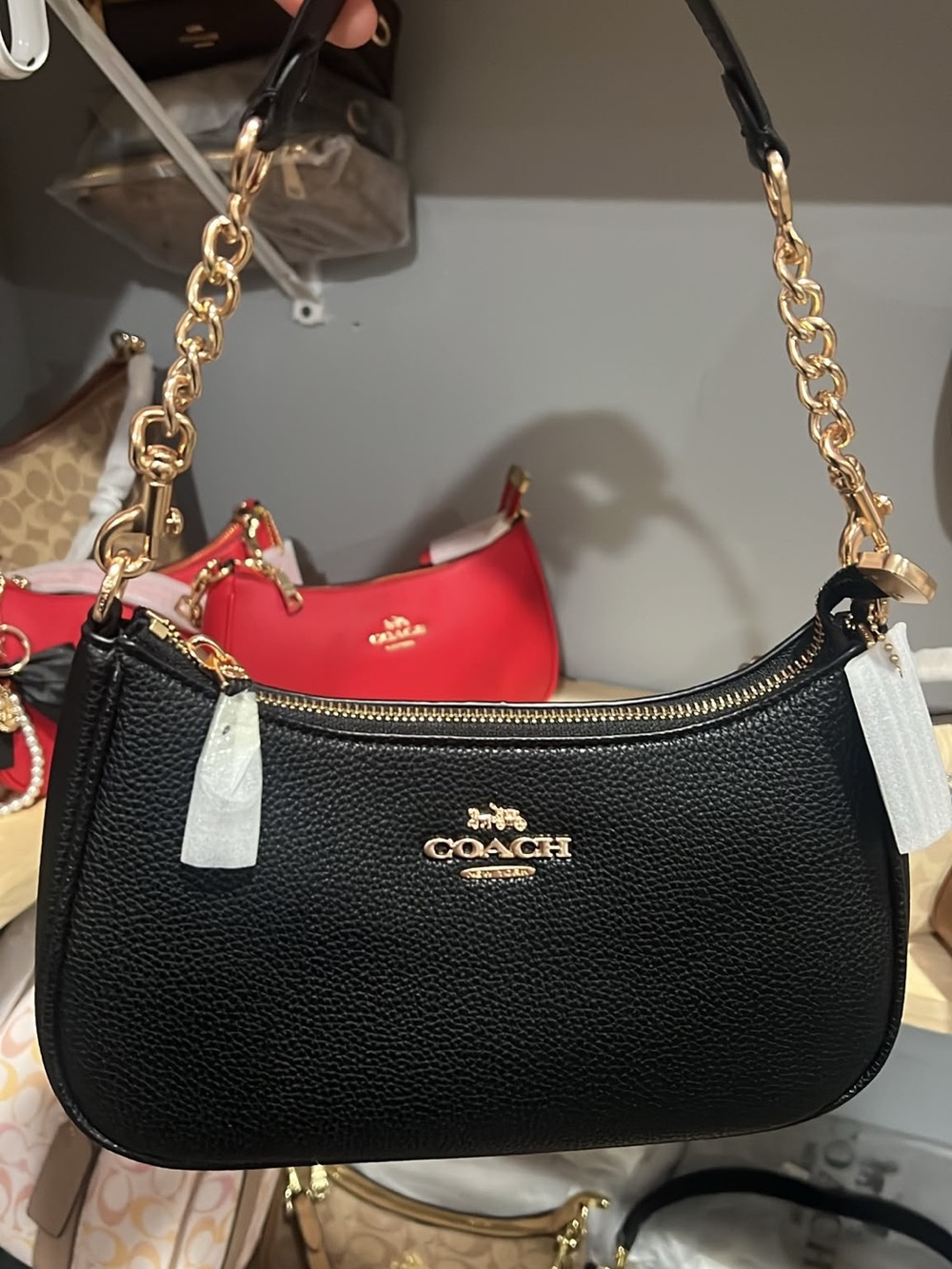 Coach Black Pebble Leather Shoulder Bag with Gold Chain